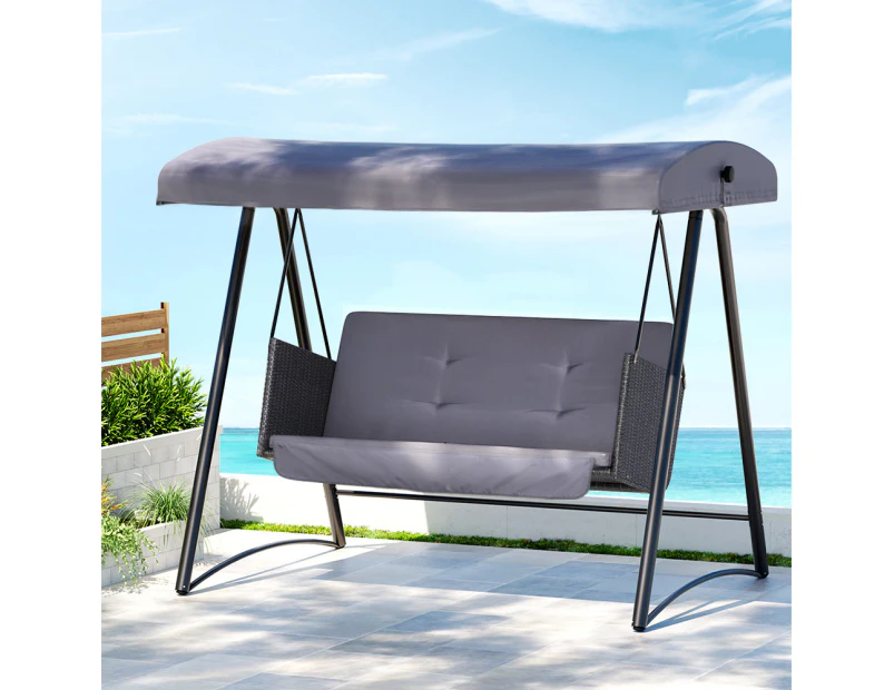 Gardeon Outdoor Swing Chair Garden Bench Furniture Canopy 3 Seater Rattan Grey