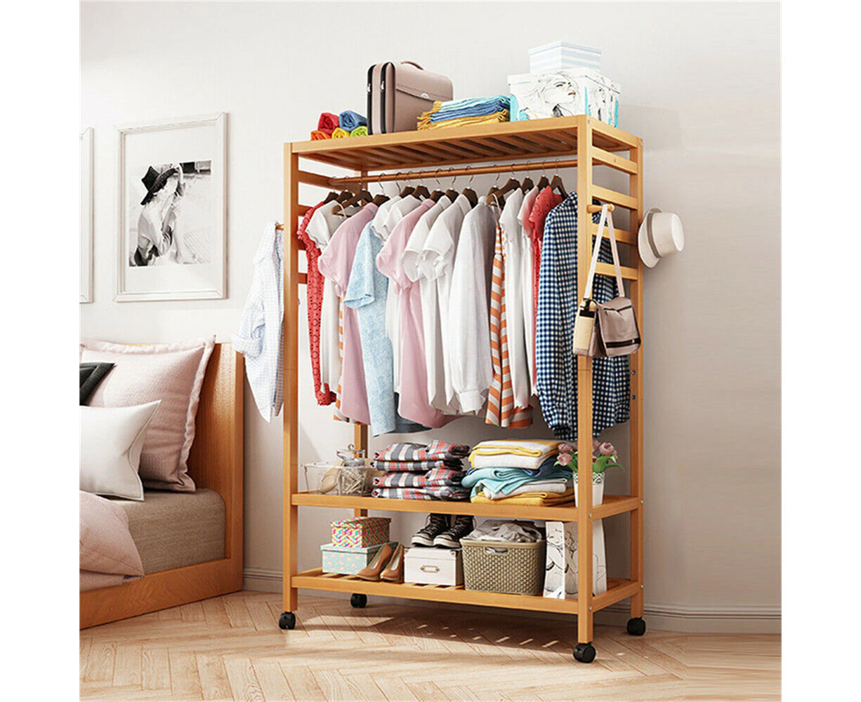 3 Tier Thicken Bamboo Clothes Rack Garment Hanging Rail Shelf Storage Organizer On-Wheel