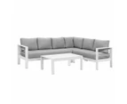 Paris 6 Seater White Aluminium L Shaped Sofa Lounge Set Light Grey Cushion