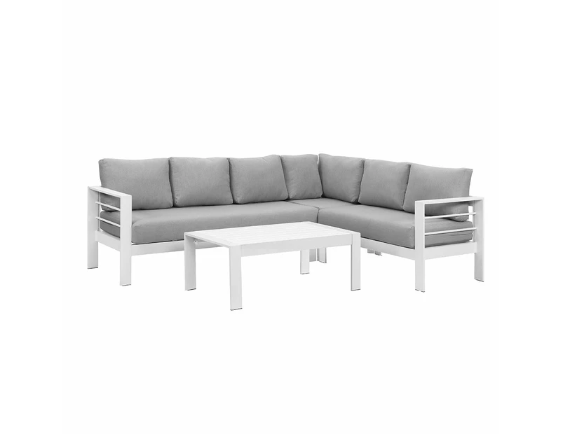 Paris 6 Seater White Aluminium L Shaped Sofa Lounge Set Light Grey Cushion