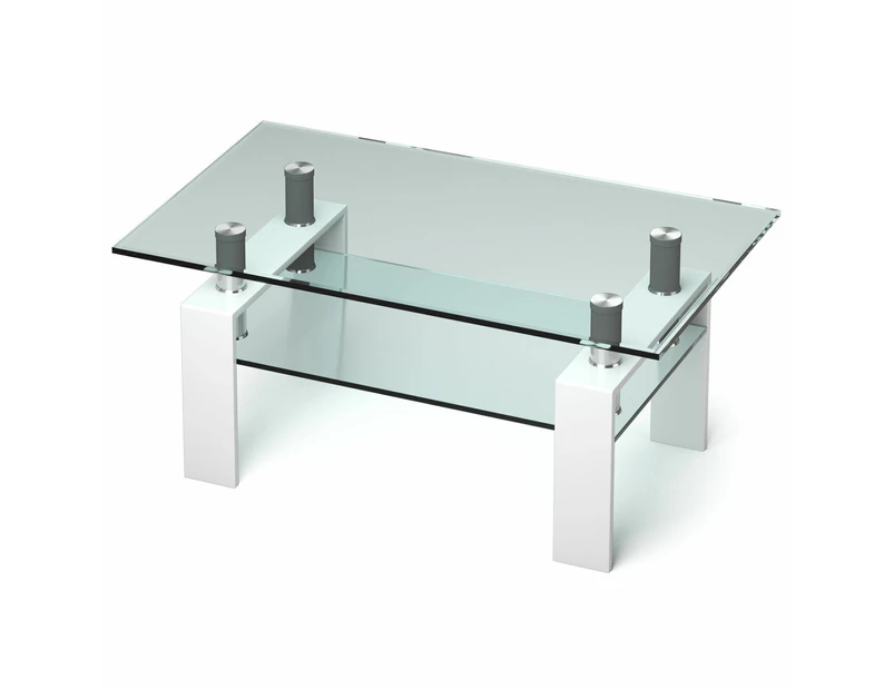 Coffee Table Rectangle Tempered Glass Side Table Metal Legs Modern White