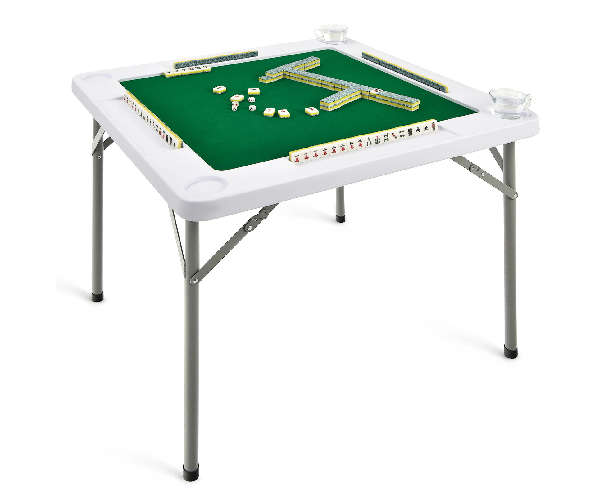 Giantex Folding Mahjong Table Portable Card Table w/4 Cup Holders & 4 Chip Grooves PVC Desktop Outdoor Activities Poker Table