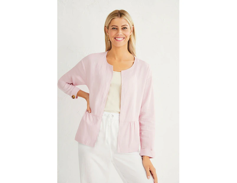 Capture - Womens Long Linen Jacket - Pink Summer Shacket - Shirt - Double Pocket - Long Sleeve - Shirt - Utility - Lightweight Casual Office Work Wear - Pink