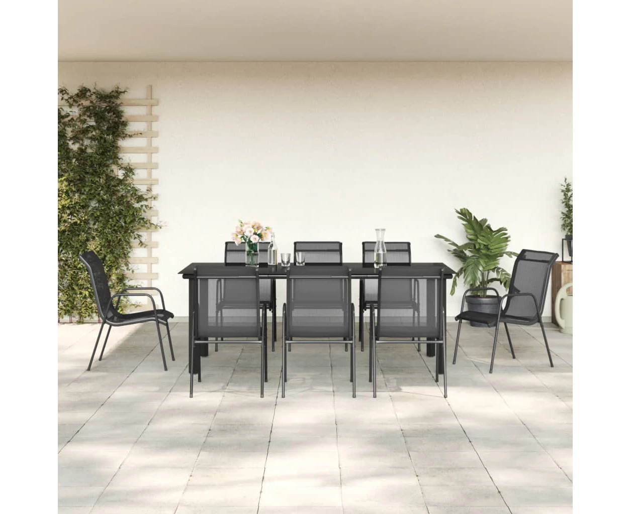 9 Piece Garden Dining Set Black Steel and Textilene