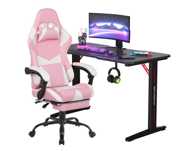 Gaming Desk 120cm & Gaming Chair with Footrest Computer Office Pink