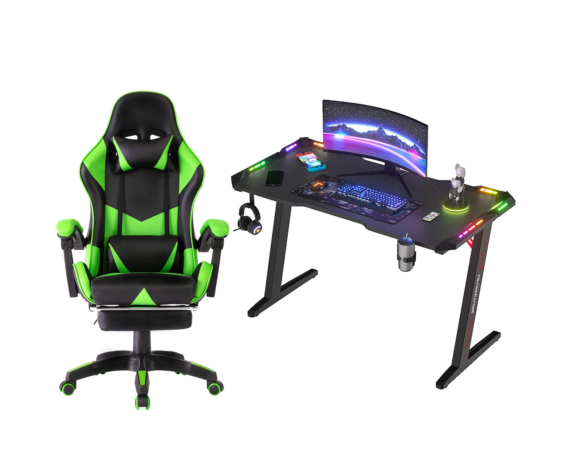 Gaming Office Desk LED Light & Gaming Office Chair Tilt 135°with Footrest Green