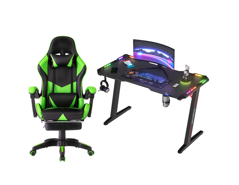 Gaming Office Desk LED Light & Gaming Office Chair Tilt 135°with Footrest Green