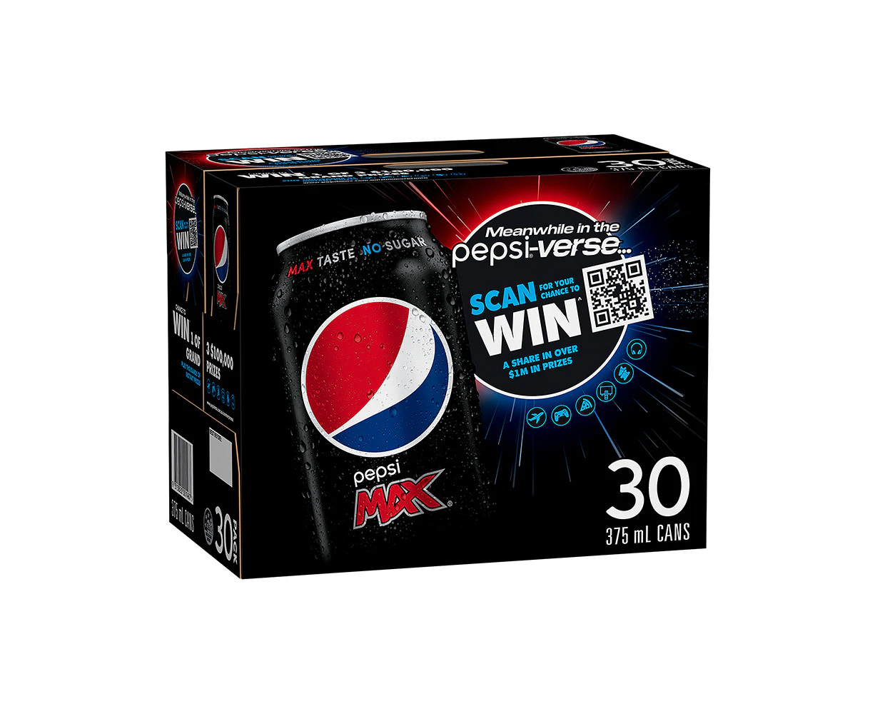 30pc Pepsi Max Cola Flavoured Zero Sugar Soft Drink Sparkling Soda Cans 375ml