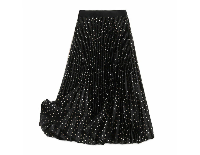 Lookbook Womens Polka Dots Pleated Skirt High Waist Flowy Casual A Line Midi Skirts-Black