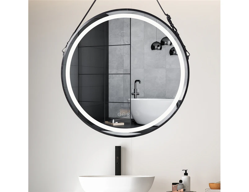 Black Framed Round LED Illuminated Bathroom Mirror Anti-fog LED Dimmable with Hanging Belt