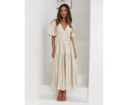 Women's V-neck Short Sleeve Maxi Dress Autumn and Winter Fashion Flowy Dress Party Dress Elegant Bohe Dress for Women - Natural