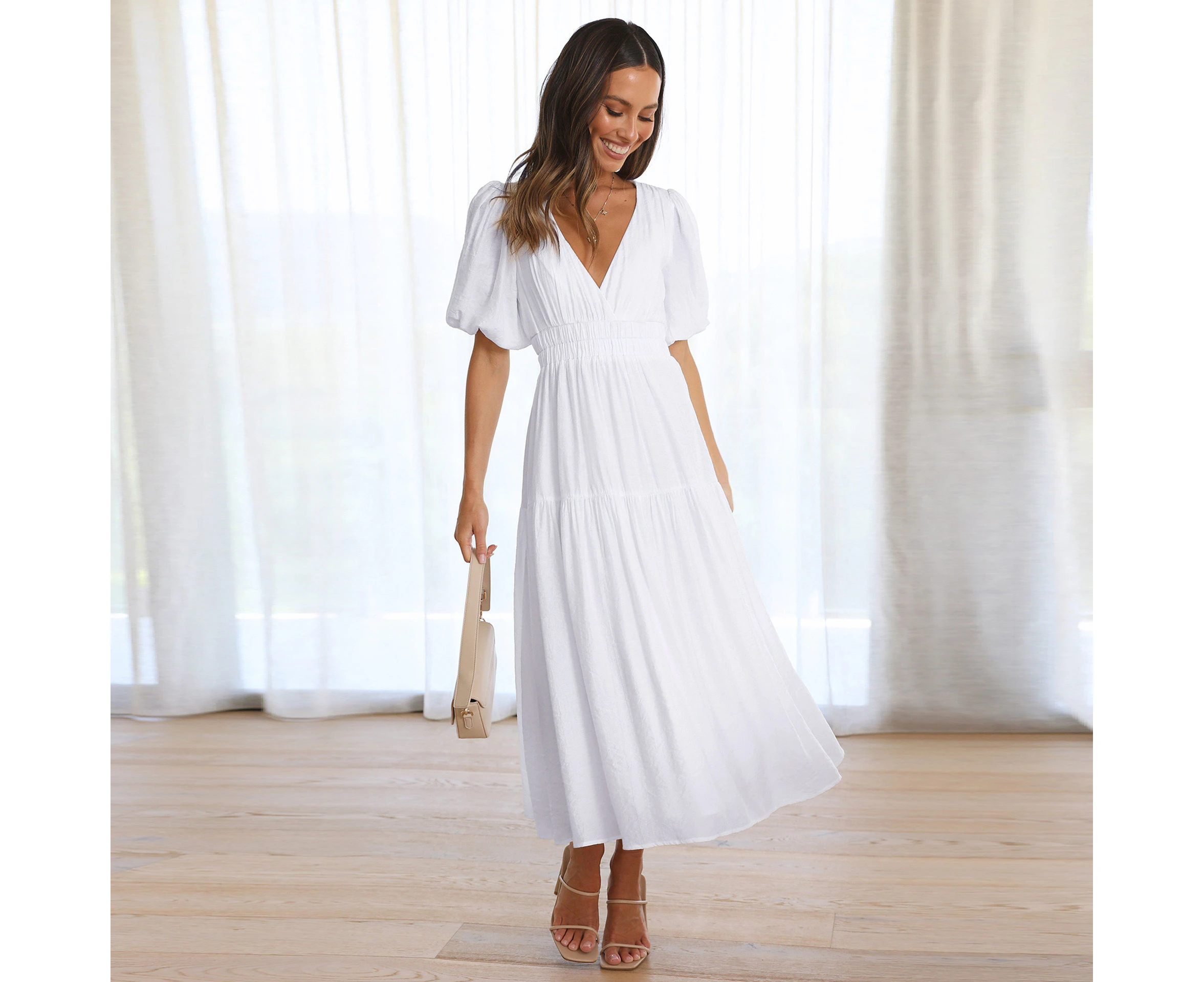 Women's V-neck Short Sleeve Maxi Dress Autumn and Winter Fashion Flowy Dress Party Dress Elegant Bohe Dress for Women - White