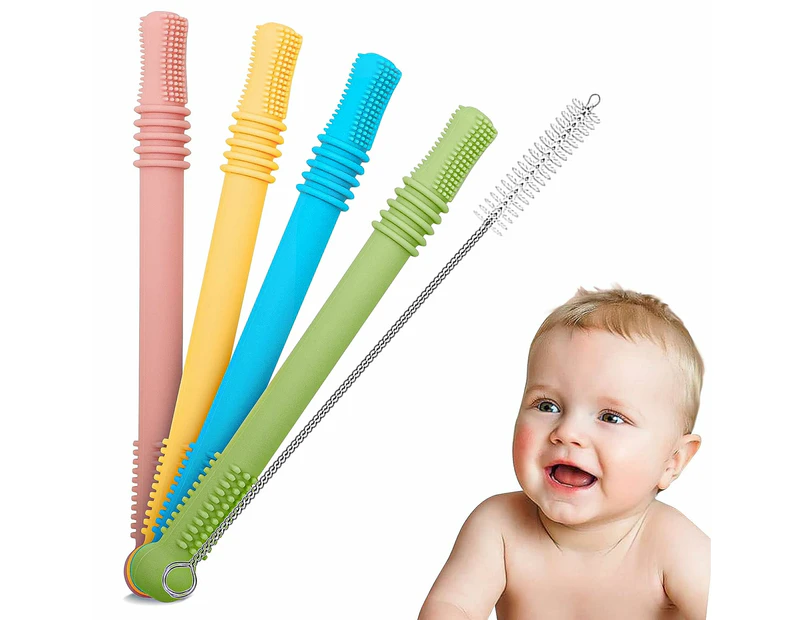 Teething Tubes - Pack Of 4 Safe Silicone Baby Straws With Cleaning Brush And Different Surfaces/Colors For Healthy Molar Growth, Color Recognition, And Mot