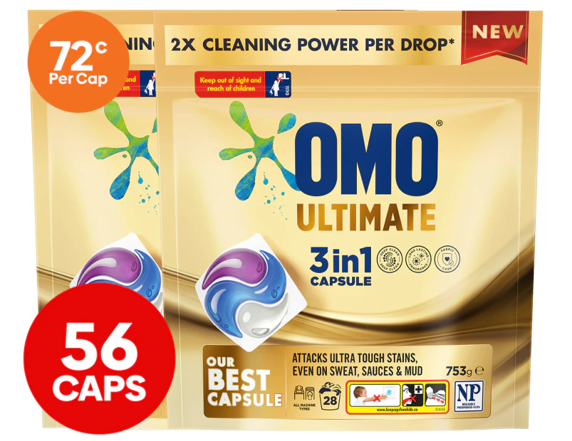 2 x 28pk OMO Ultimate 3-in-1 Front & Top Loader Laundry Capsules