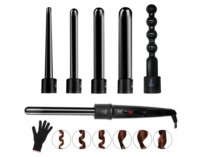 6 In 1 Curling Iron Wand Set With 6 Interchangeable Ceramic Barrels And Heat Protective Glove (Black-6In1)