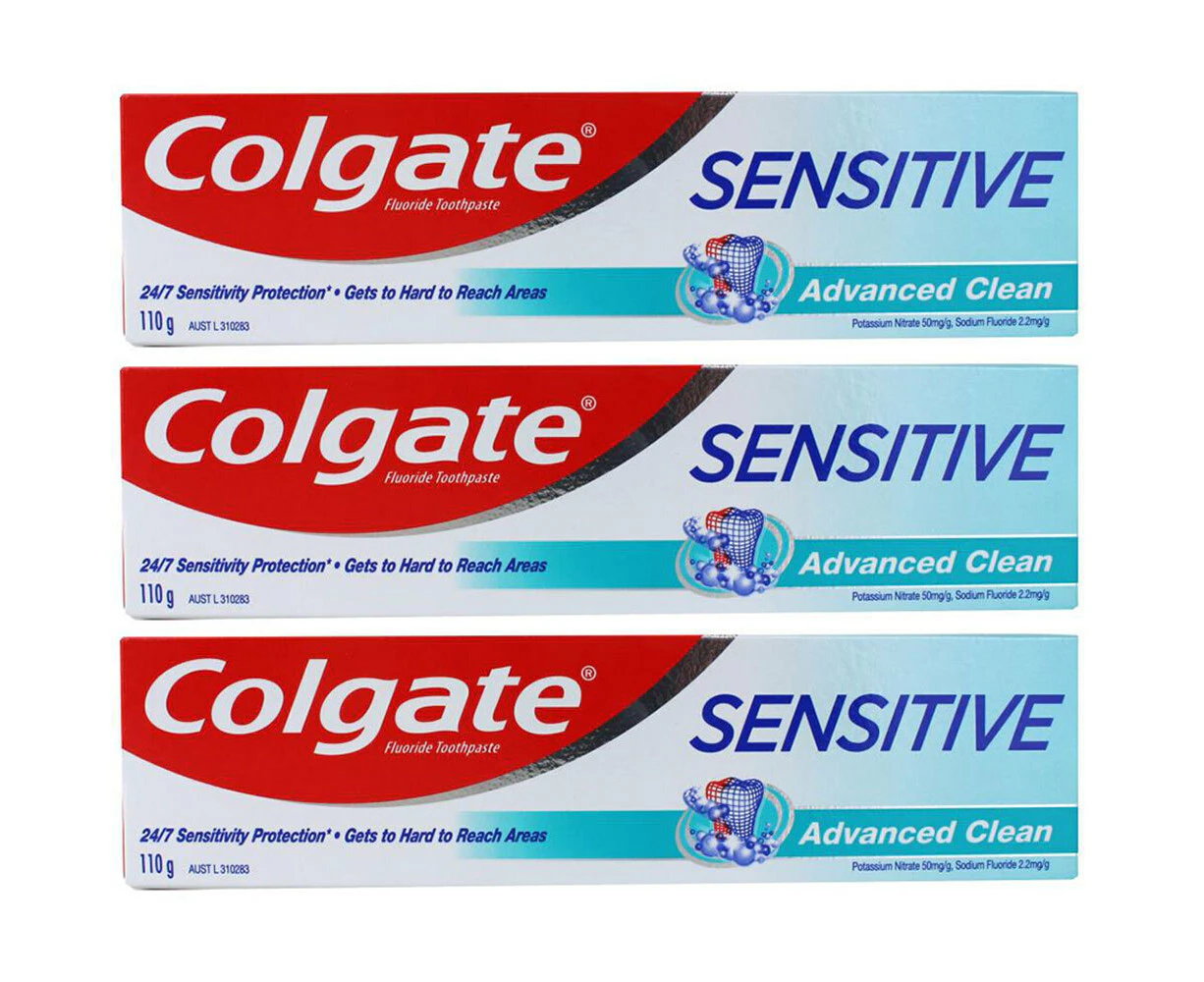 3x Colgate 110g Fluoride Toothpaste Sensitive Advanced Clean Dental Teeth Care