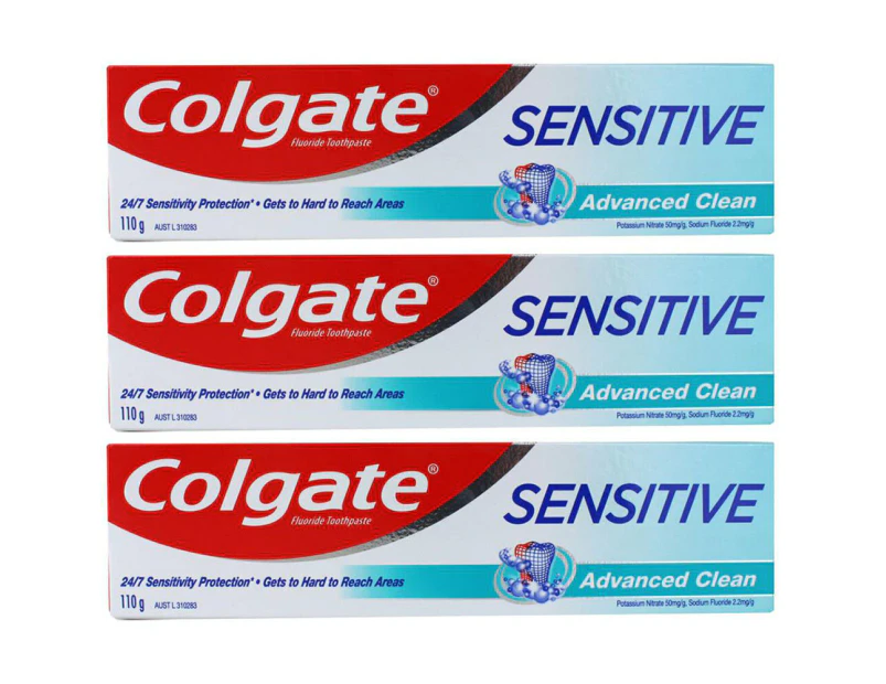 3x Colgate 110g Fluoride Toothpaste Sensitive Advanced Clean Dental Teeth Care