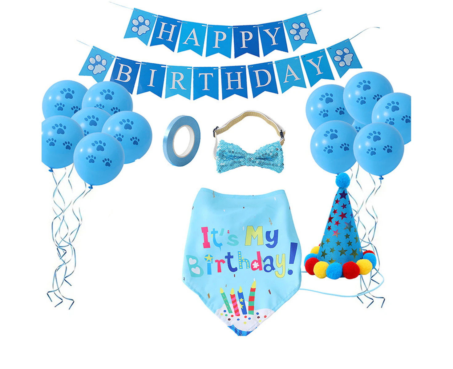 A Set Of Pet Birthday Party Pull Flag Dog Paw Balloon Dog Birthday Drool Towel Birthday Hat Bow Tie,Blue