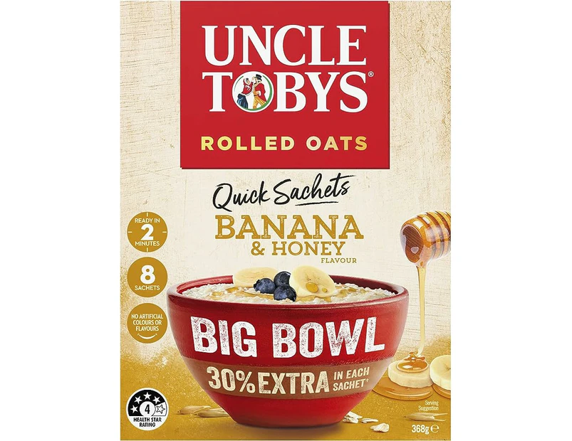 UNCLE TOBYS Oats Quick Sachets Banana and Honey, Big Bowl, 8 Sachets