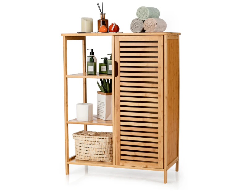 Giantex 3-Tier Bamboo Bathroom Cabinet Toilet Storage Shelf Cupboard Organiser w/Door, Natural
