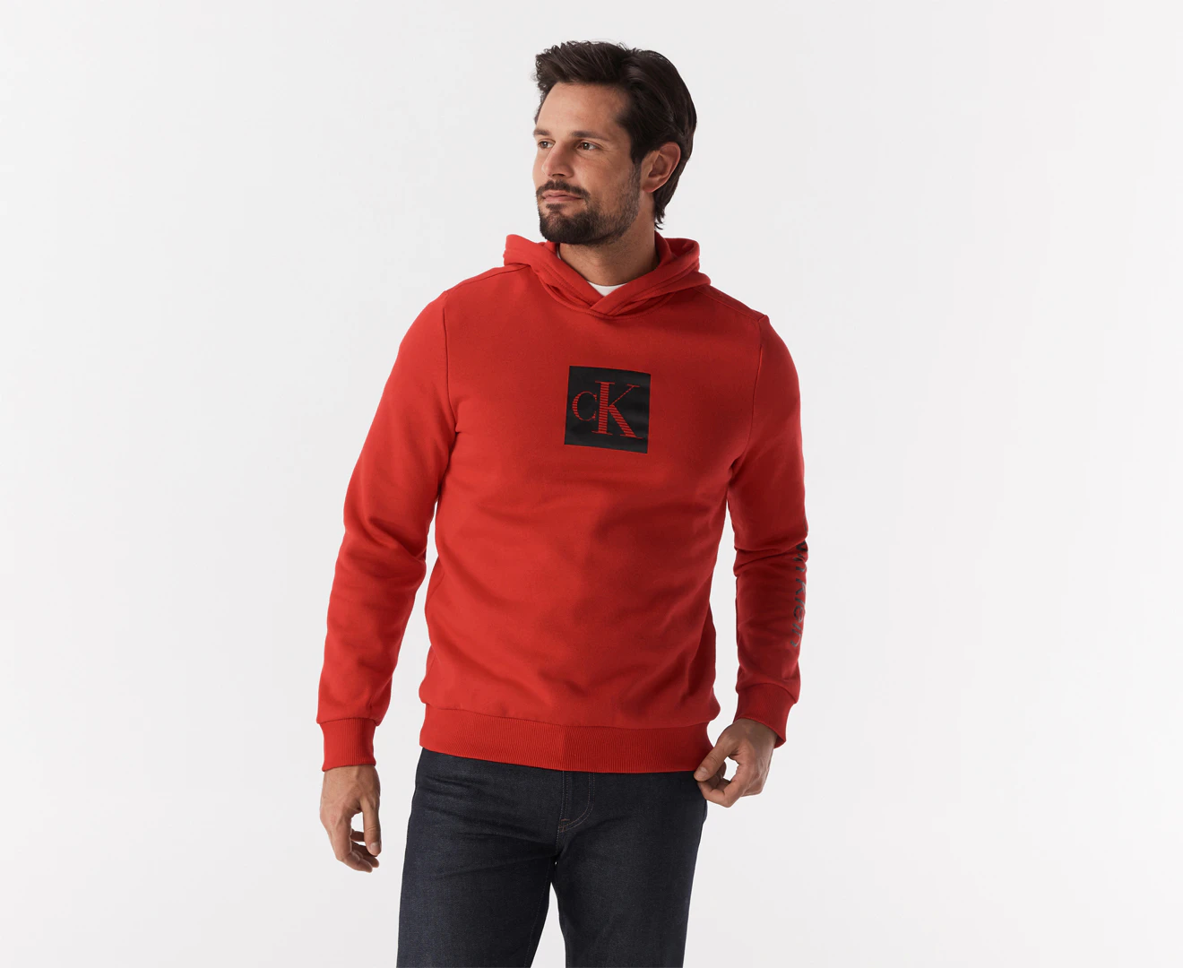 Calvin Klein Jeans Men's Travelling Logo Monogram Pullover Hoodie - Barbados Cherry