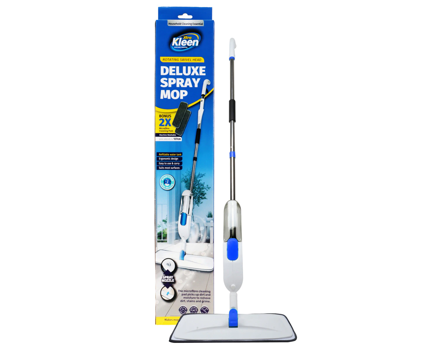 Xtra Kleen Mop Set 360 Degree Swivel Spray 2 Microfibre Cleaning Pads