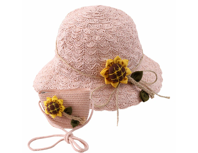 52-54Cm Hat Circumference Children'S Summer Sunshade Straw Hat Cute Girls Straw Hat Sunshade Hat And Straw Bag Set,Pink