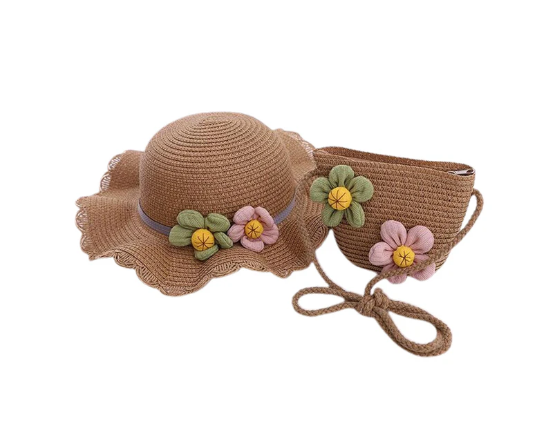 52-54Cm Hat Circumference Children'S Straw Hat Sun Hat Sunscreen Beach Hat Summer Sun Hat Basin Hat And Straw Bag Set,Khaki
