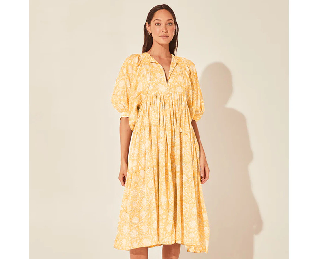 Women's Short Sleeve Floral Dress Fashion Designed Loose Fit Bohemian Dress Casual Beach Dress for Women - Yellow