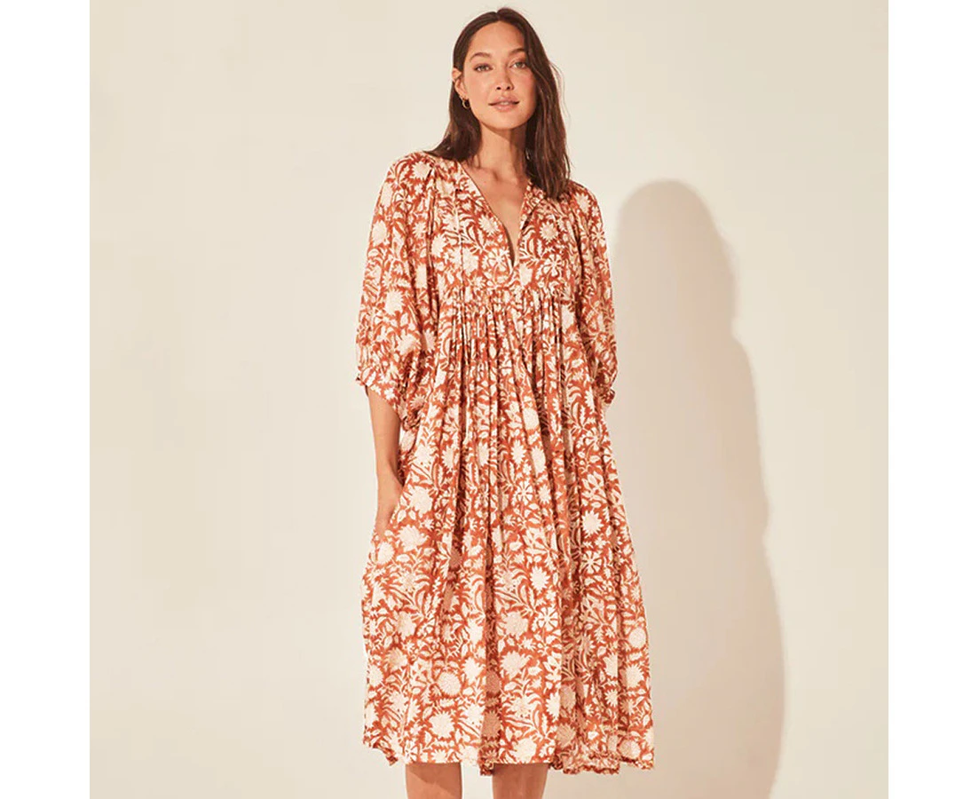 Women's Short Sleeve Floral Dress Fashion Designed Loose Fit Bohemian Dress Casual Beach Dress for Women - Orange