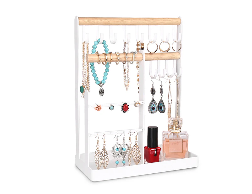 Jewelry Manager Brackets, Metal And Wood 3-Layer White Jewelry Display Earring Manager Ring Tray And Hook Brackets Storage Necklace Bracelet Ring Watch Jew