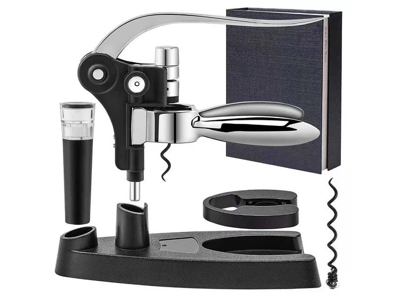 Wine Bottle Opener Set - Easy To Use Lever Corkscrew With Foil Cutter, Stand And Replacement Screw,Sliver