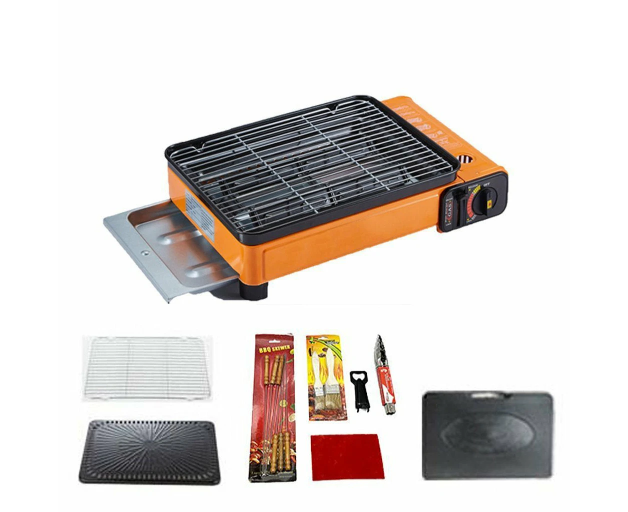 Portable Gas Stove Burner Butane BBQ Camping Gas Cooker Red Color With Non Stick Plate - Package 2 - Without Grill Pan