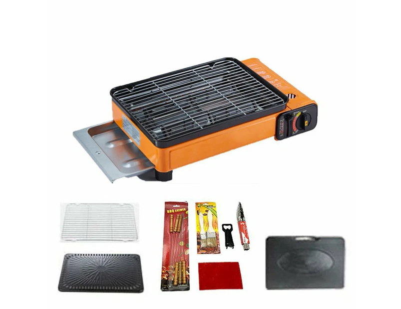 Portable Gas Stove Burner Butane BBQ Camping Gas Cooker Red Color With Non Stick Plate - Package 2 - Without Grill Pan