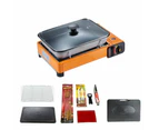 Portable Gas Stove Burner Butane BBQ Camping Gas Cooker Red Color With Non Stick Plate - Package 1- With Grill Pan