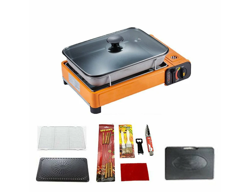 Portable Gas Stove Burner Butane BBQ Camping Gas Cooker Red Color With Non Stick Plate - Package 1- With Grill Pan