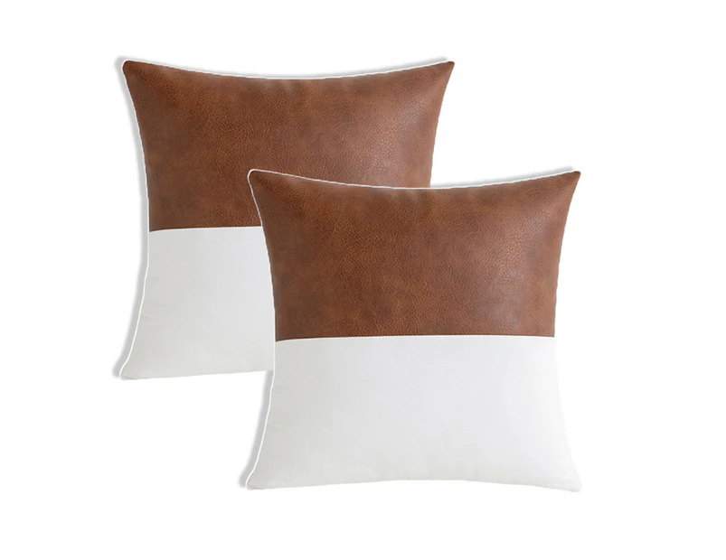 Set Of 2 Black Cotton Patchwork Faux Leather Throw Pillow Covers, Modern Decor Square Covers45*45Cm,White-Brown