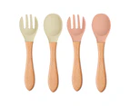 4Pcs Wooden Handle Silicone Spoon Fork Baby Children Fork Spoon Silicone Fork Spoon Long Handle Fork Spoon,Type: Style1