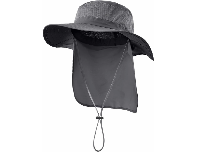 Prefer Outdoor Upf50+ Mesh Sun Hat Wide Brim Fishing Hat With Neck Flap,Dark  Gray