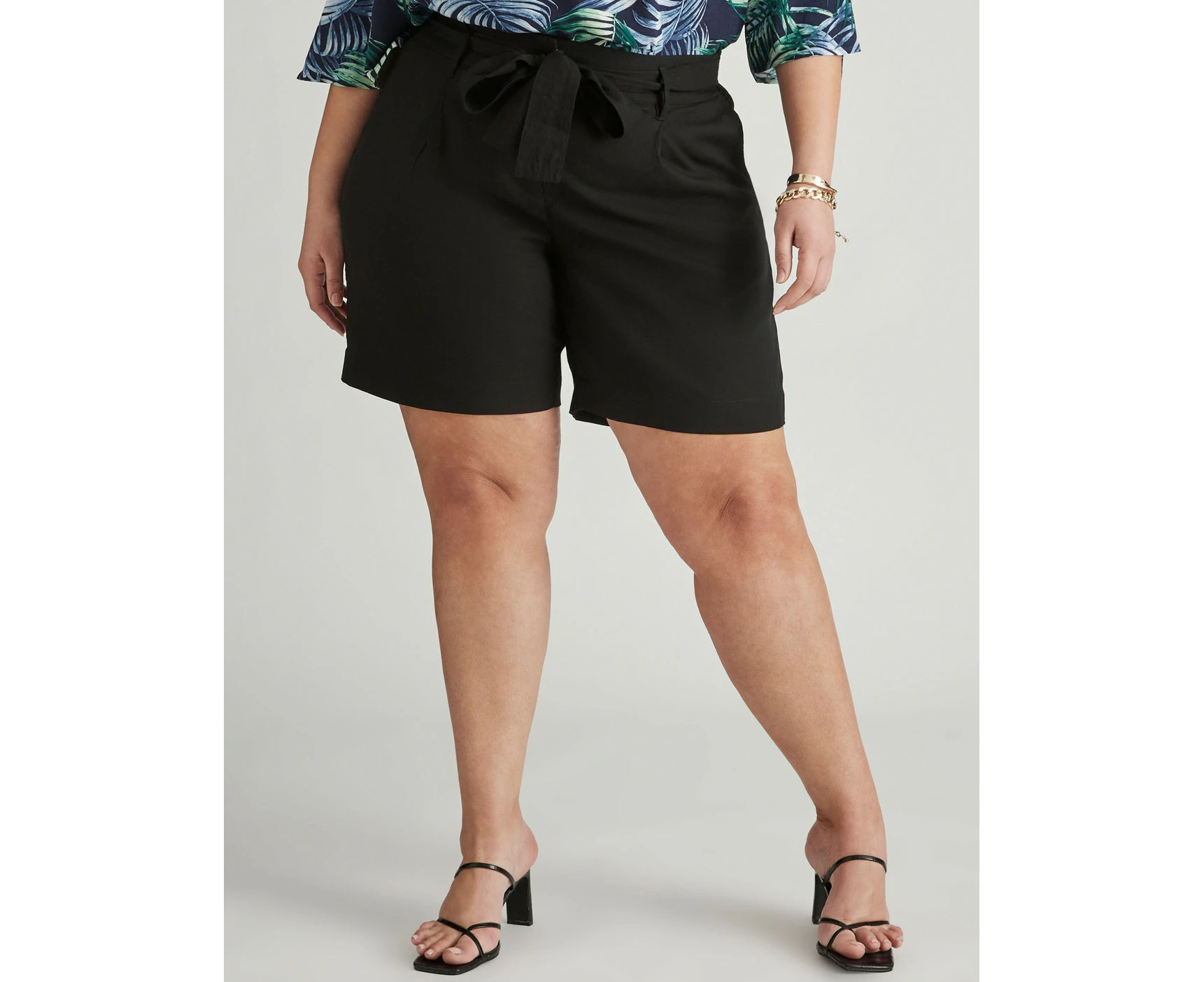 Autograph - Plus Size - Womens Black Shorts - Summer - Linen Clothing Mid Thigh - Bermuda - Woven - Tie Front - Comfort Fashion Casual Work Beach Wear