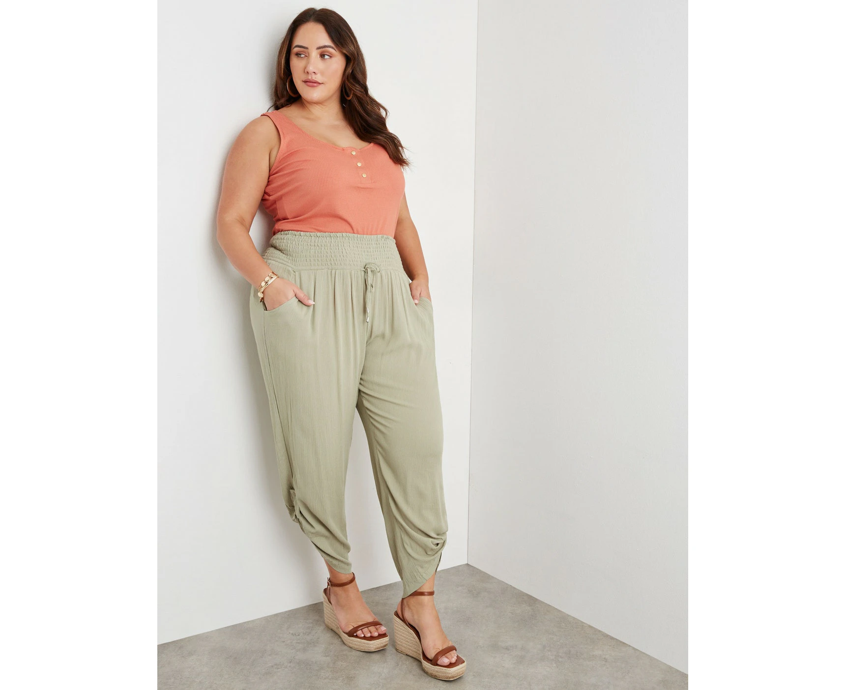 BeMe - Plus Size - Womens Pants -  Ankle Length Shirring Waist W Pull Up Leg Pant - Tea