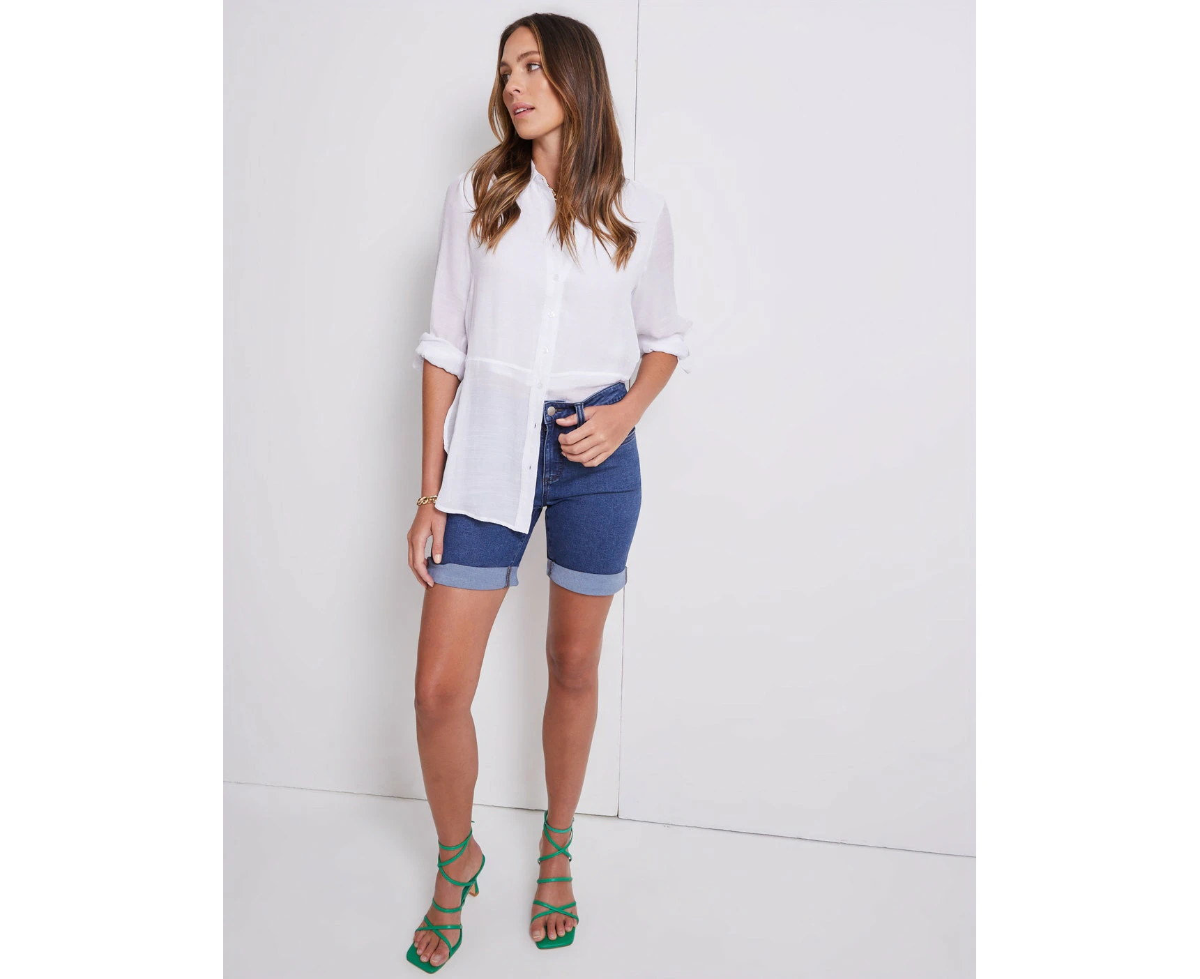 Katies - Womens Blue Shorts - Summer - Cotton - Mid Thigh - High Waist - Denim - Mid Wash - Fitted - Elastane - Fly Front Detail - Casual Work Wear