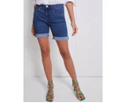 KATIES - Womens Shorts -  Cotton Fly Front Denim Shorts - Mid Wash