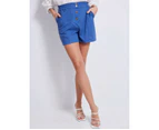 KATIES - Womens Shorts - Mid Blue - Button Front - Linen Short - Relaxed Fit - Mid Thigh Length - Side Pocket -  Lightweight - Summer Women's Clothing - Mid Blue