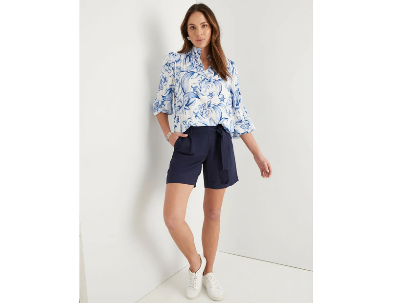 KATIES - Womens Shorts - Navy Blue - Linen Pant - Belted Short -Relaxed Fit - Mid Thigh Length - Side Pocket - Lightweight - Summer Women's Clothing - Dk Navy