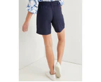 KATIES - Womens Shorts - Navy Blue - Linen Pant - Belted Short -Relaxed Fit - Mid Thigh Length - Side Pocket - Lightweight - Summer Women's Clothing - Dk Navy