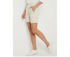 KATIES - Womens Shorts - Stone Beige - Cotton Blend - Canvas Short - Side Pockets - Mid Thigh Length - Straight Hem - Summer  Women's Clothing - Stone