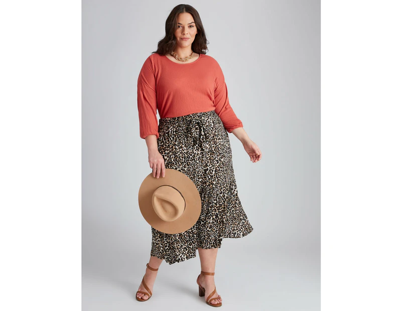 AUTOGRAPH - Plus Size - Womens Skirts -  Woven Belted Midi Tiered Skirt - Leopard
