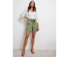 KATIES - Womens Shorts - Khaki Green - Linen Pant - Belted Short -Relaxed Fit - Mid Thigh Length - Side Pocket - Lightweight - Summer Women's Clothing - Khaki