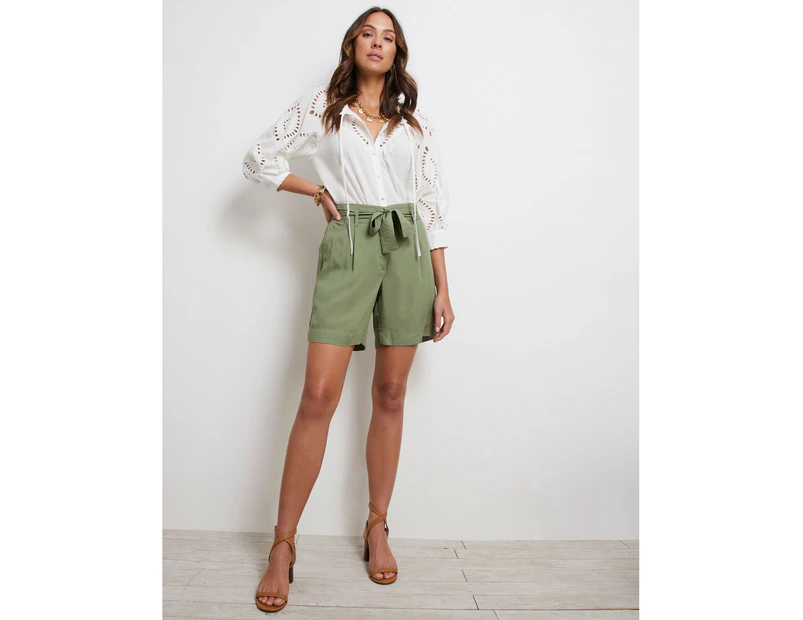 KATIES - Womens Shorts - Khaki Green - Linen Pant - Belted Short -Relaxed Fit - Mid Thigh Length - Side Pocket - Lightweight - Summer Women's Clothing - Khaki